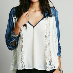 FREE PEOPLE Denim Lace Swing Top